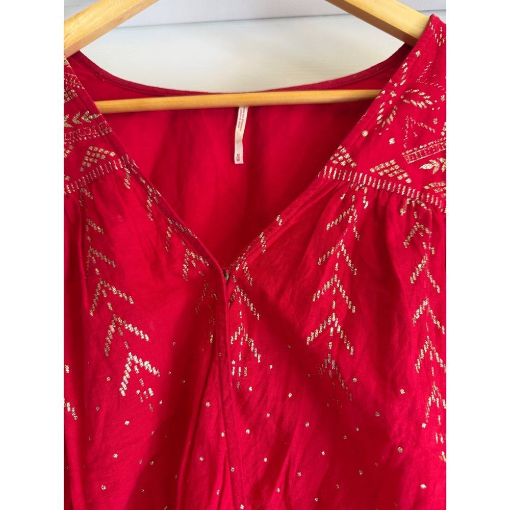 Free People Blouse Women Medium Red Gold Embroidered Smocked Peplum V-Neck Boho